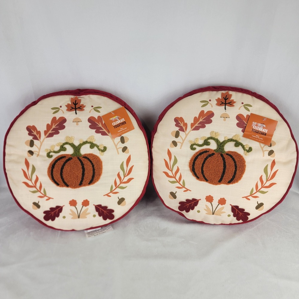 Fall Embroidered Round Throw Pillow Pumpkin Leaf Acorn Red Orange Autumn NEW